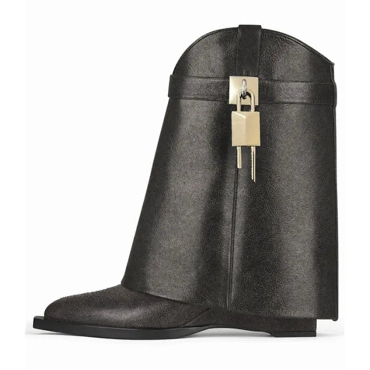 2024 Women's New Over Knee Boots Shark Lock Retro Pattern Thick Sole High Heel Boots Designer Brand Women's Long Leather Boots Black cowhide 2 1