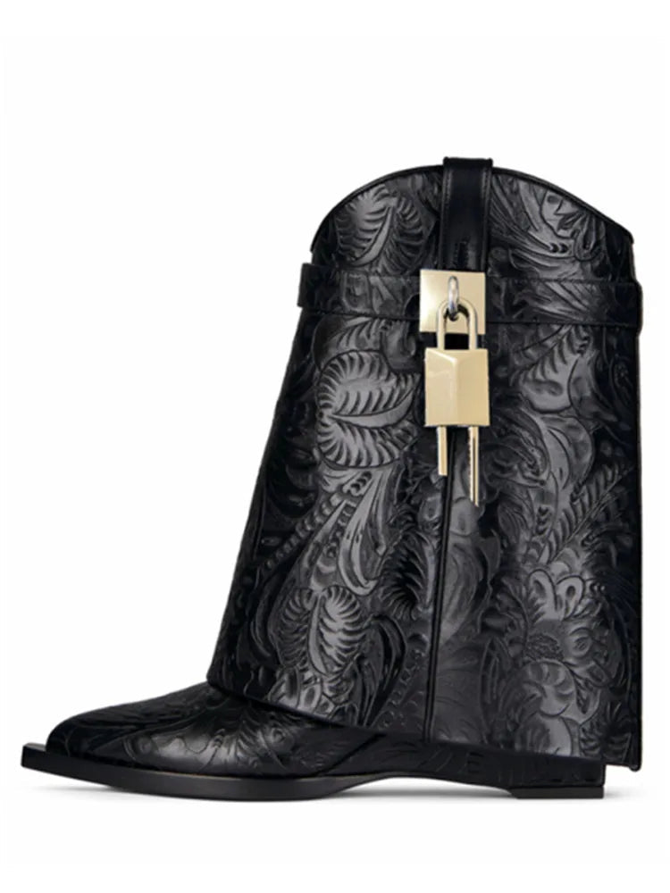 2024 Women's New Over Knee Boots Shark Lock Retro Pattern Thick Sole High Heel Boots Designer Brand Women's Long Leather Boots Black cowhide 1