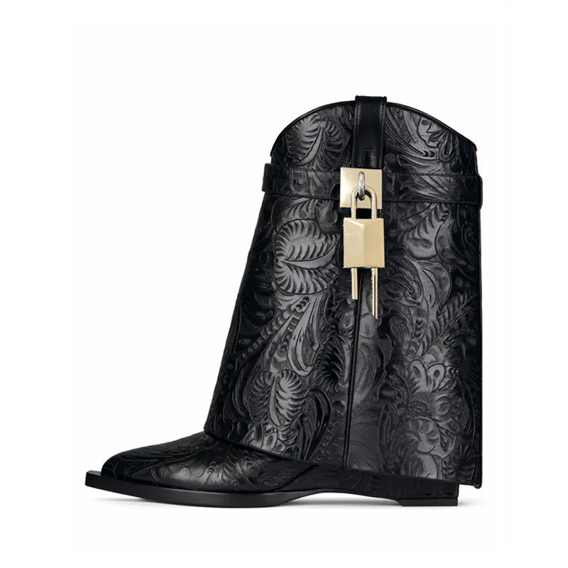 2024 Women's New Over Knee Boots Shark Lock Retro Pattern Thick Sole High Heel Boots Designer Brand Women's Long Leather Boots