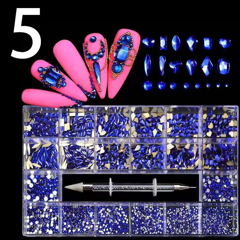 21 Grids Nail Decorations Box Packing AB Gold 3D Non-HotFix FlatBack Nail Art Rhinestones with Dot Pen Set Beauty Stones 5