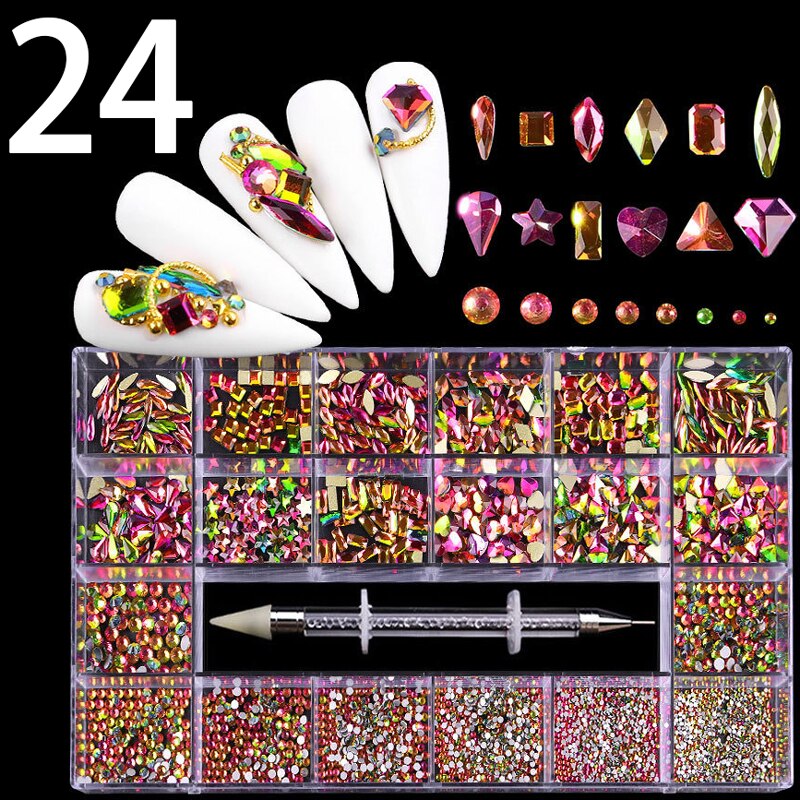 21 Grids Nail Decorations Box Packing AB Gold 3D Non-HotFix FlatBack Nail Art Rhinestones with Dot Pen Set Beauty Stones 24