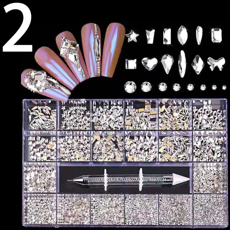 21 Grids Nail Decorations Box Packing AB Gold 3D Non-HotFix FlatBack Nail Art Rhinestones with Dot Pen Set Beauty Stones 2