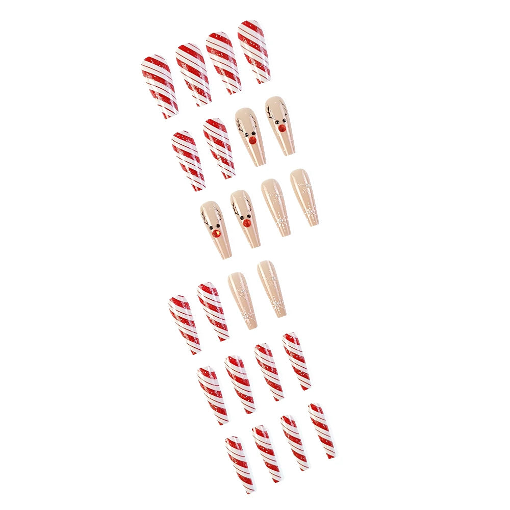 24 Pcs Glossy Long Coffin Press On Nails Red And Nude Christmas Glitter Fake Nails With Cute Fawn Pattern Rhinestone False Nails
