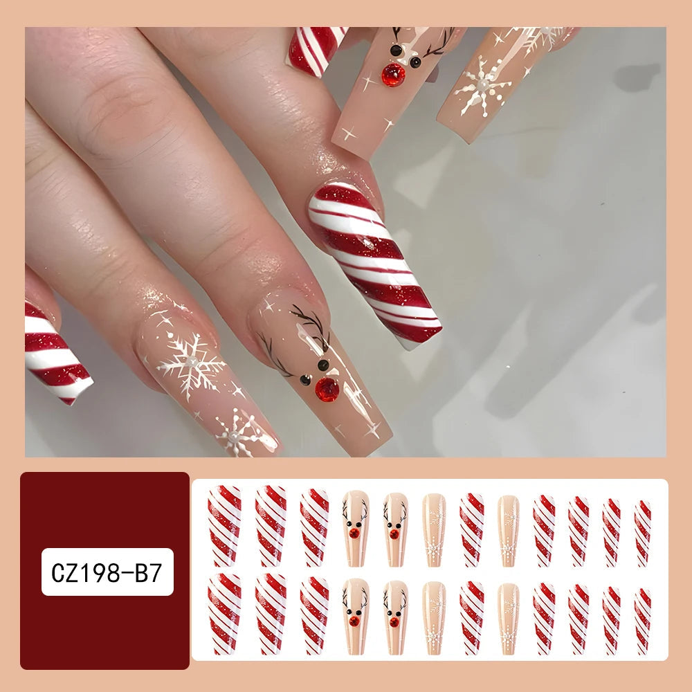 24 Pcs Glossy Long Coffin Press On Nails Red And Nude Christmas Glitter Fake Nails With Cute Fawn Pattern Rhinestone False Nails