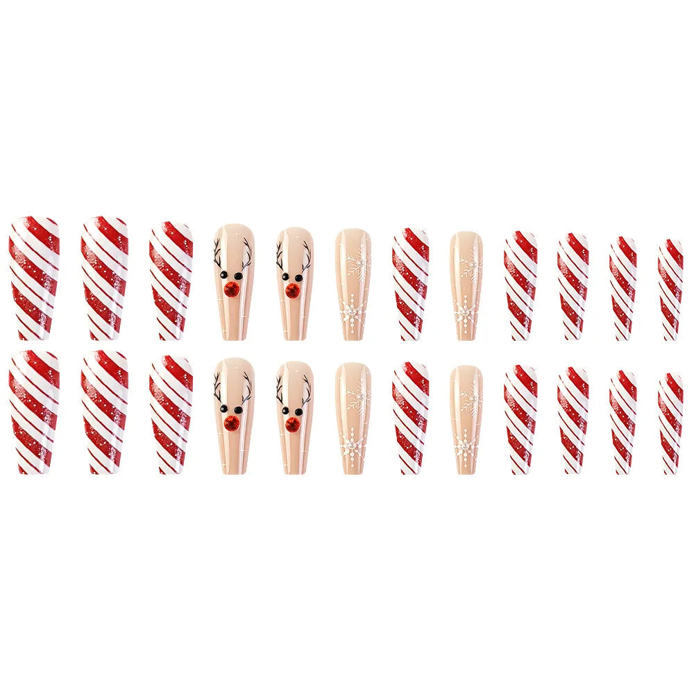 24 Pcs Glossy Long Coffin Press On Nails Red And Nude Christmas Glitter Fake Nails With Cute Fawn Pattern Rhinestone False Nails