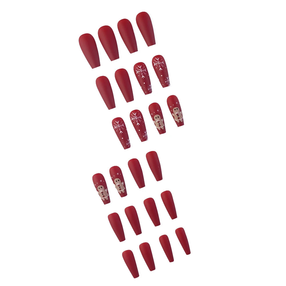 24 Pcs Glossy Long Coffin Press On Nails Red Christmas Glitter Fake Nails With Snow Pattern Reusabie False Nails