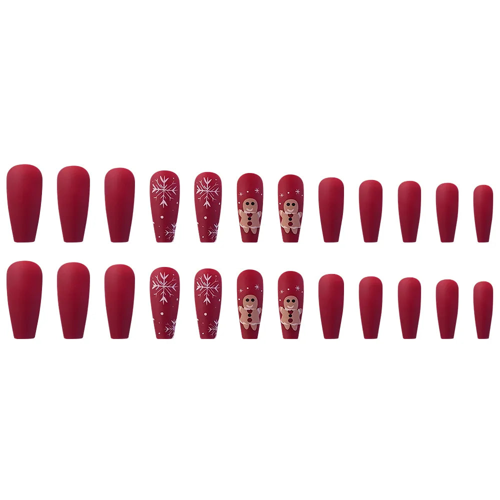 24 Pcs Glossy Long Coffin Press On Nails Red Christmas Glitter Fake Nails With Snow Pattern Reusabie False Nails