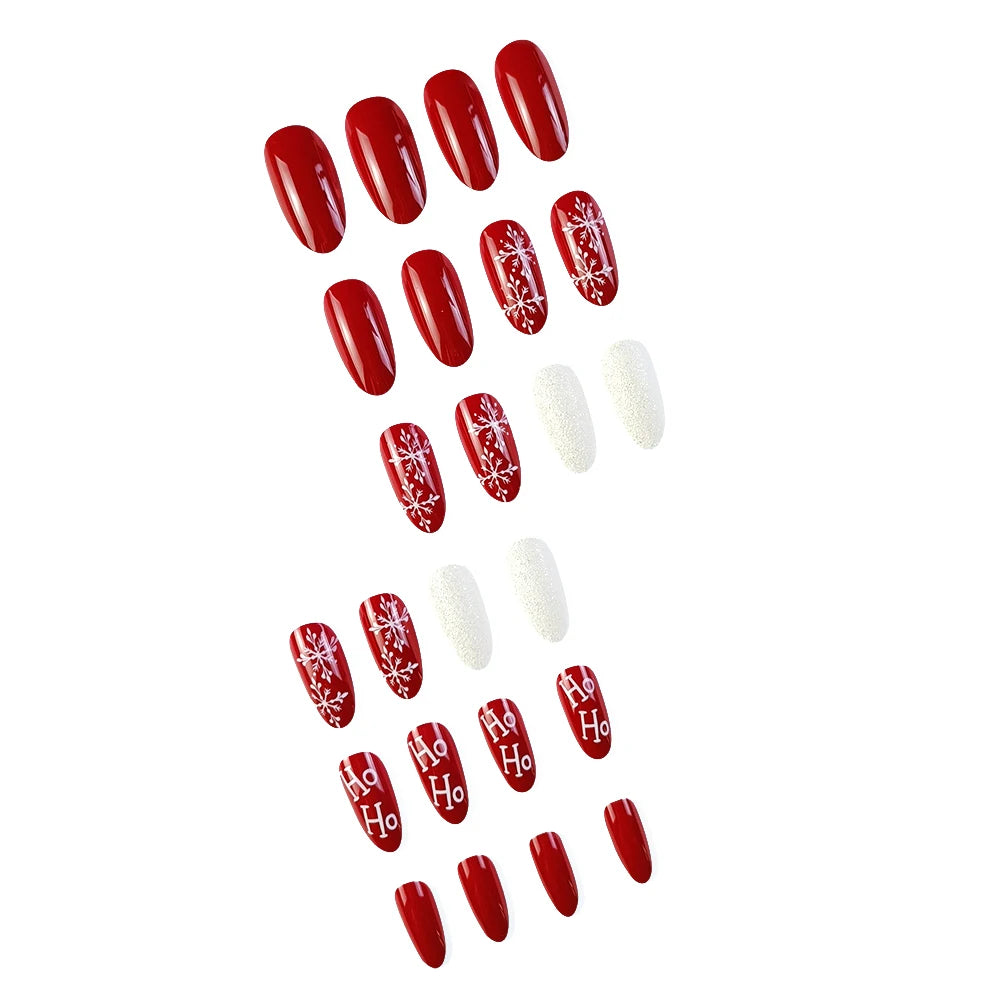 24 Pcs Glossy Long Round Christmas Press On Nails Red Glitter Fake Nails With Snowflake Pattern Reusabie False Nails