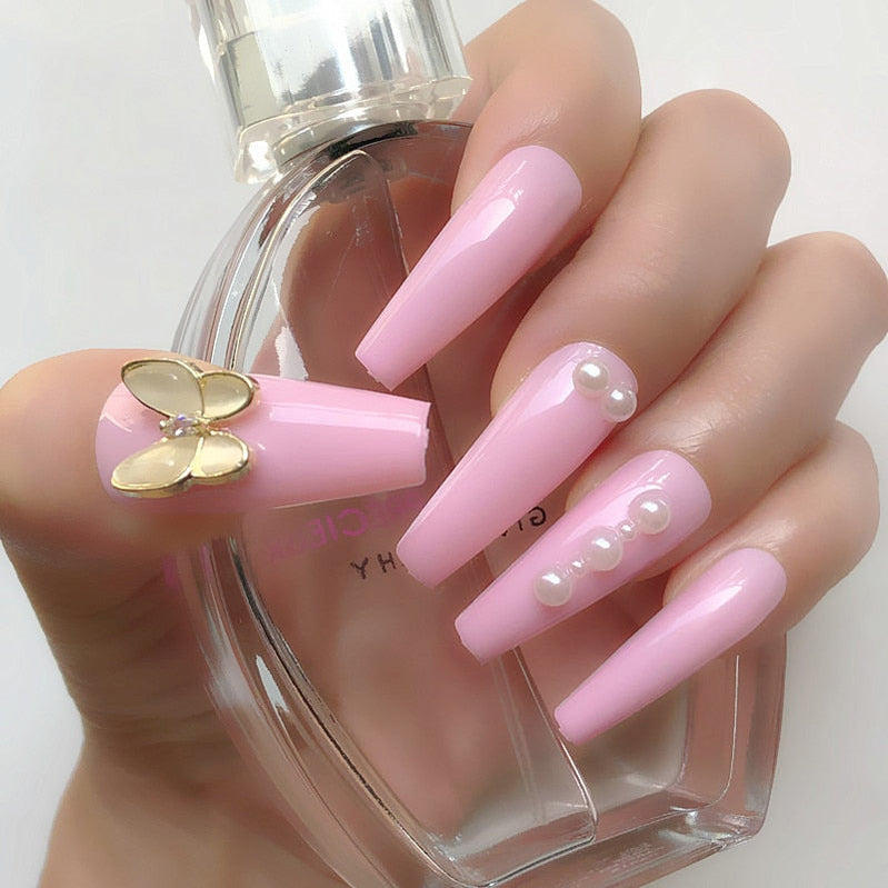 24 Pcs Pink False Nail Tips Women Wearable Fake Press on Nails With Pearl Diamond Full Cover Artificial Nails Custom Made