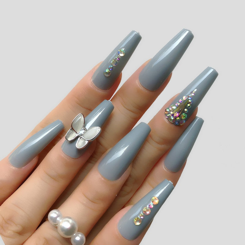 24 Pcs Pink False Nail Tips Women Wearable Fake Press on Nails With Pearl Diamond Full Cover Artificial Nails Custom Made HL3515HD