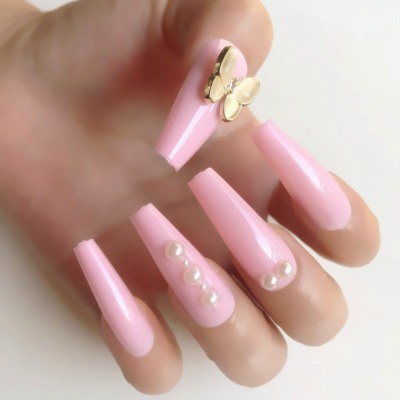 24 Pcs Pink False Nail Tips Women Wearable Fake Press on Nails With Pearl Diamond Full Cover Artificial Nails Custom Made HL3502HD