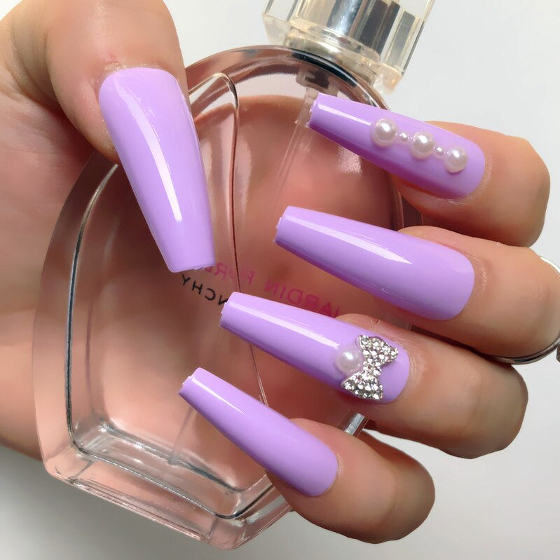 24 Pcs Pink False Nail Tips Women Wearable Fake Press on Nails With Pearl Diamond Full Cover Artificial Nails Custom Made HL3511HD