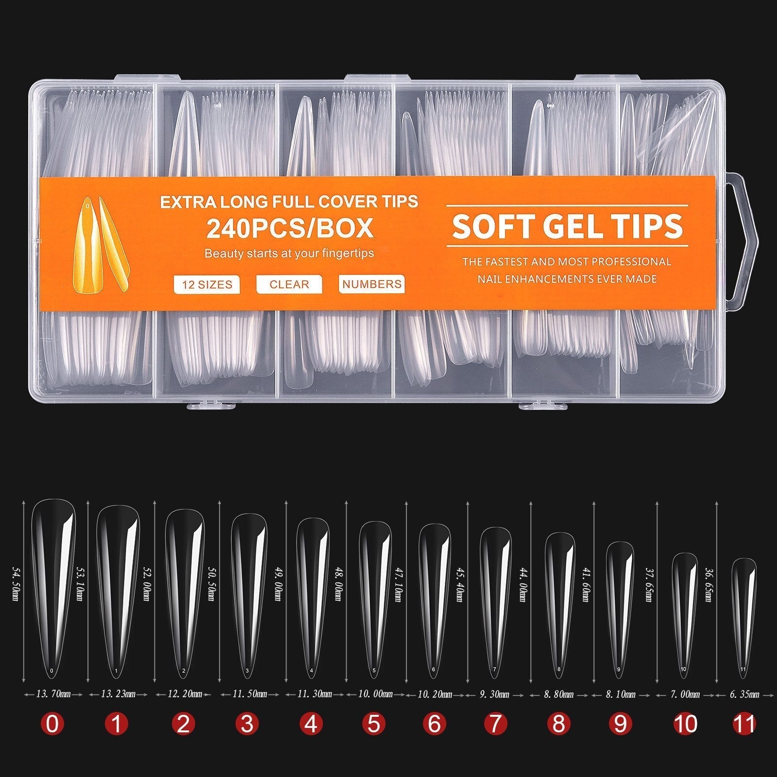 240pcs Long Half Extra False Nail XXXL Full Cover Nail Tips Transparent Press on Acrylic Salon Supply False Nails Nail Art Tool D-Orange