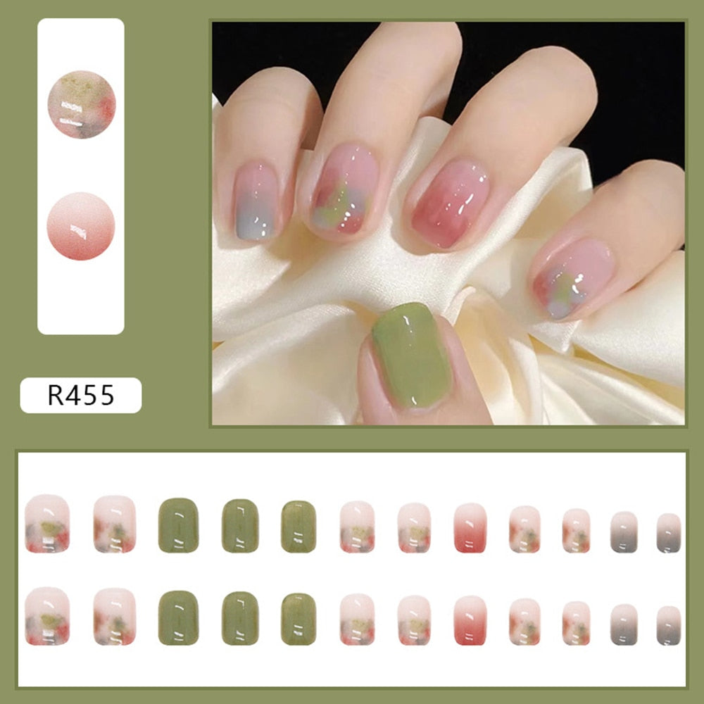 24PCS Fake Nail Patch Cute Short Cow Butterfly Printed False Nail Full Finished for Girl Nail Art Tips Press On Nail Wearable Spain 396852