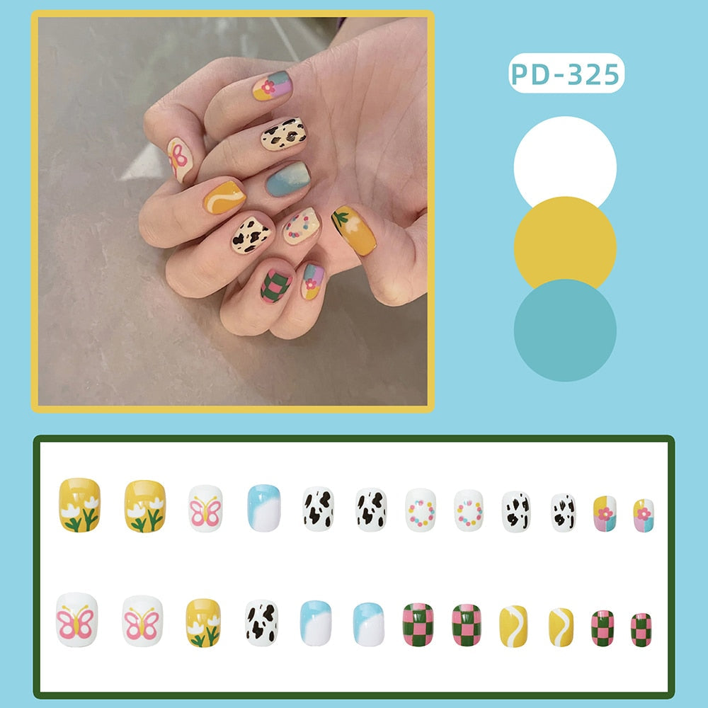 24PCS Fake Nail Patch Cute Short Cow Butterfly Printed False Nail Full Finished for Girl Nail Art Tips Press On Nail Wearable Spain 704151