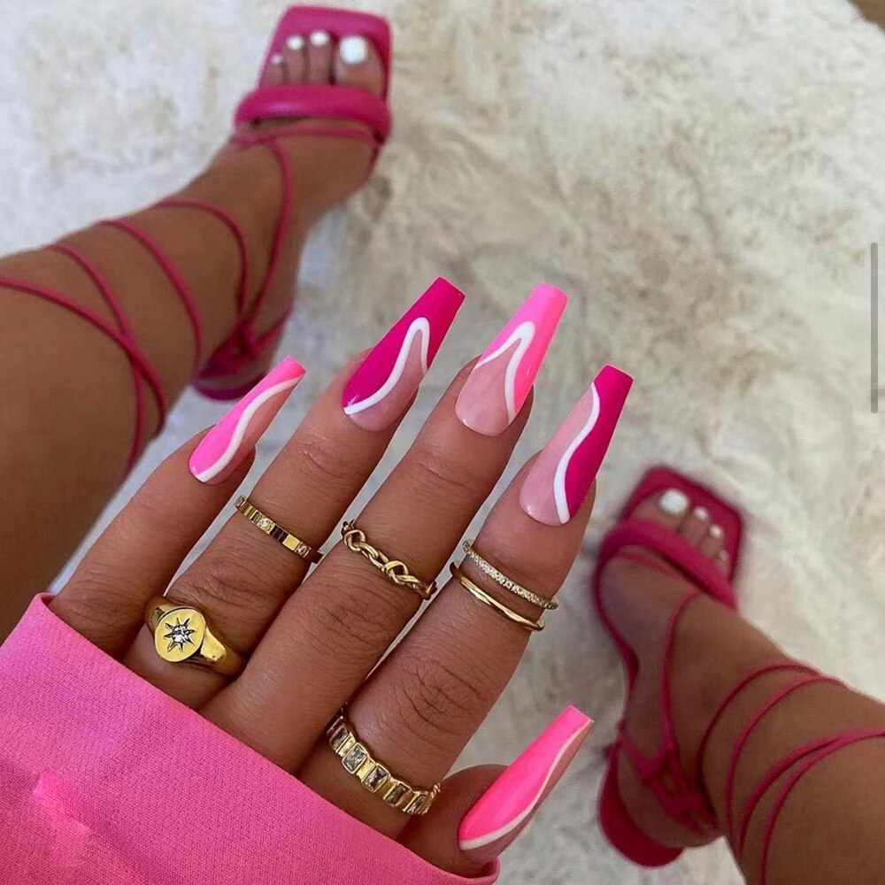 24Pc Detachable Long Coffin Fake Nail Pink White Wave Lines False Nails French Ballerina Artificial Full Cover Press On Nail Tip 1