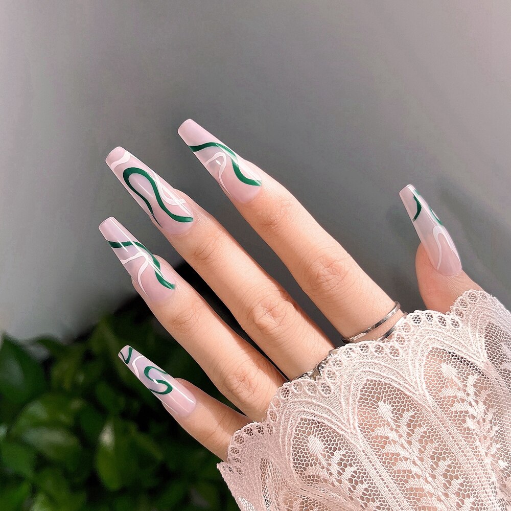 24Pc Detachable Long Coffin Fake Nail Pink White Wave Lines False Nails French Ballerina Artificial Full Cover Press On Nail Tip 3
