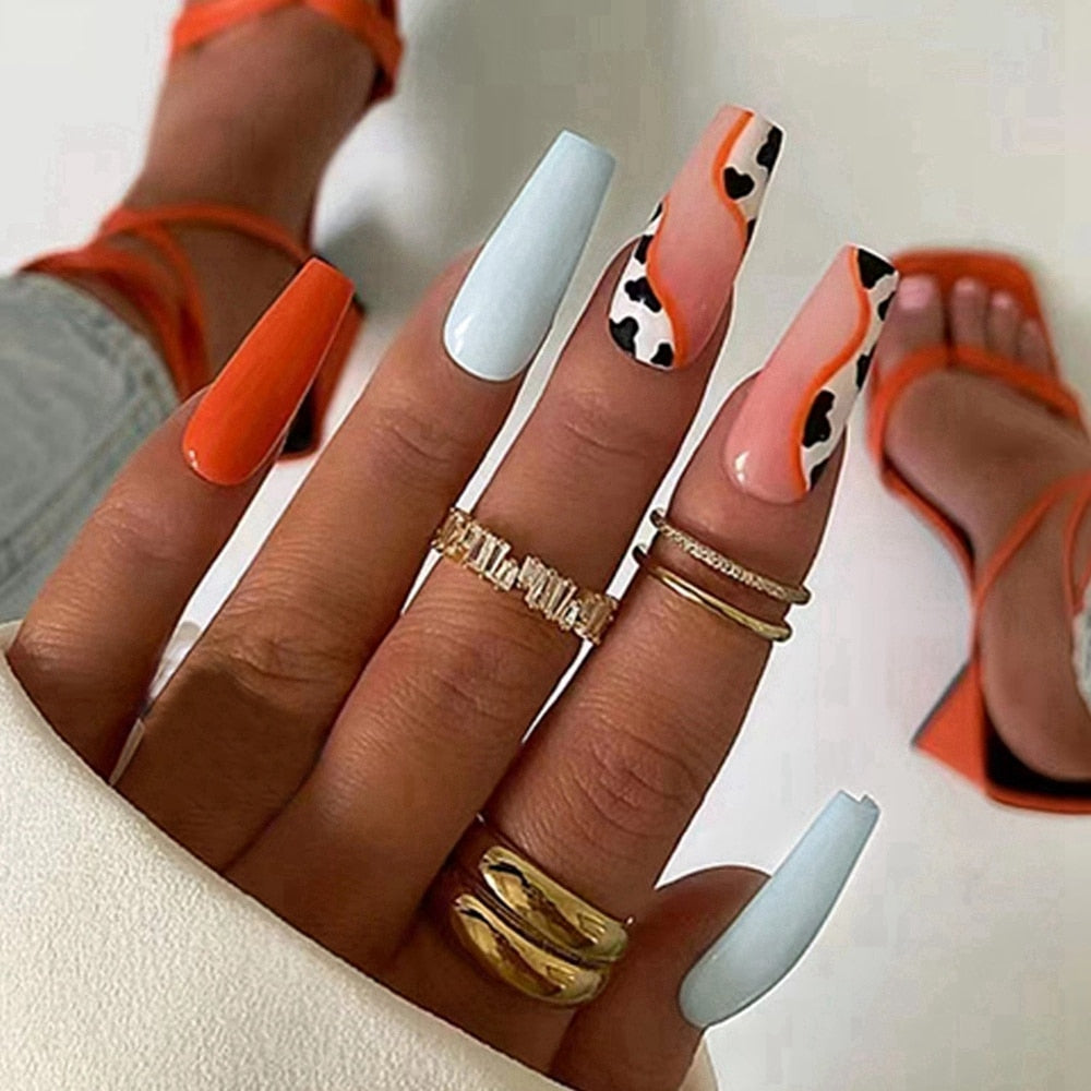 24Pc Detachable Long Coffin Fake Nail Pink White Wave Lines False Nails French Ballerina Artificial Full Cover Press On Nail Tip 11