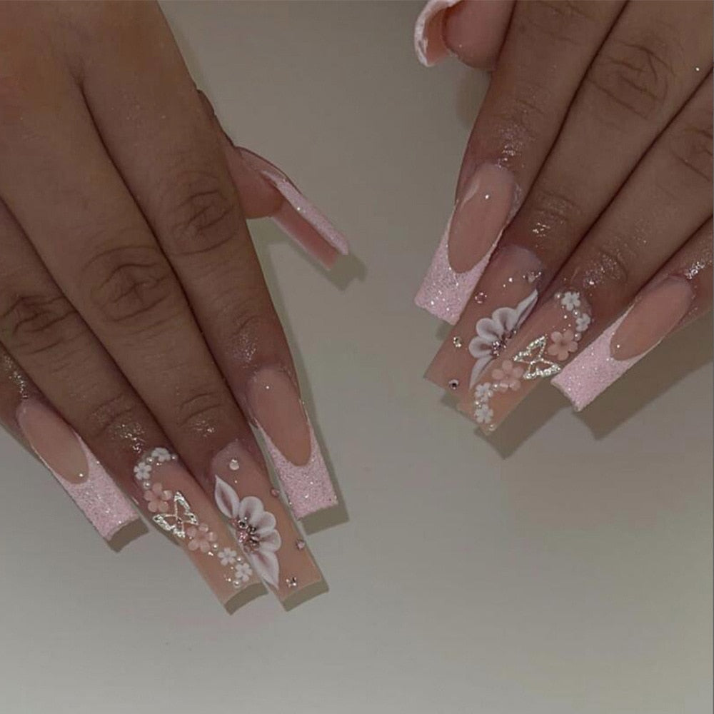 24Pcs Artifical False Nails with Glue Fake Nail Tips with Heart Designs Detachable Press on Nails Long Finished Nails 168