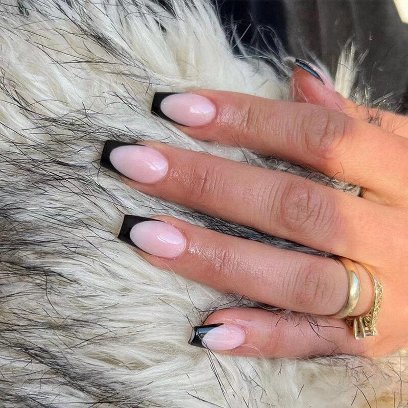 24Pcs Ballet French Coffin False Nails With Flowers Diamonds Designs Press On Fake Nails Detachable Acrylic Manicure Tips BB2