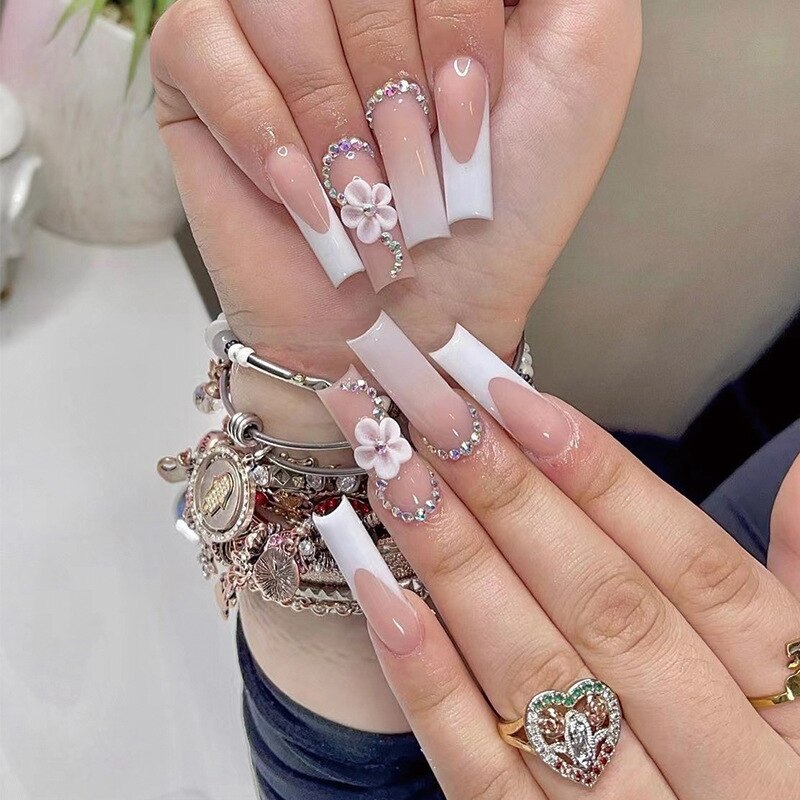 24Pcs Ballet Full Cover Fake Nails Flower Butterfly Design with Rhinestones False Nails Wearable Press on Nails Manicure Tips 1737
