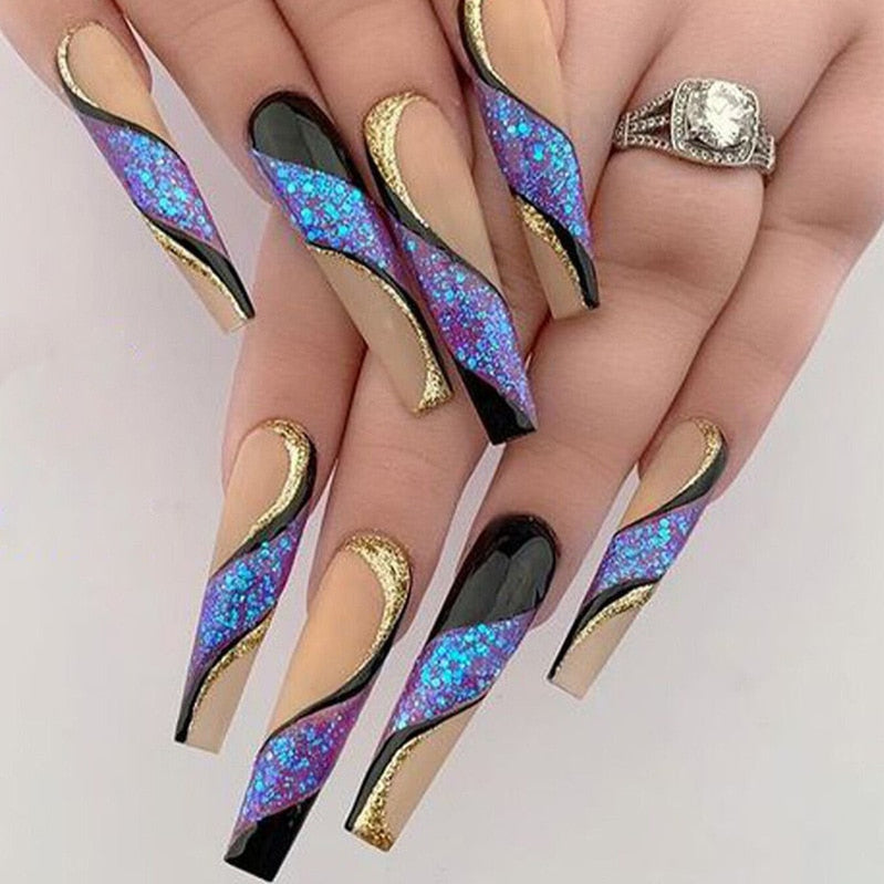 24Pcs Ballet Full Cover Fake Nails Flower Butterfly Design with Rhinestones False Nails Wearable Press on Nails Manicure Tips 1520