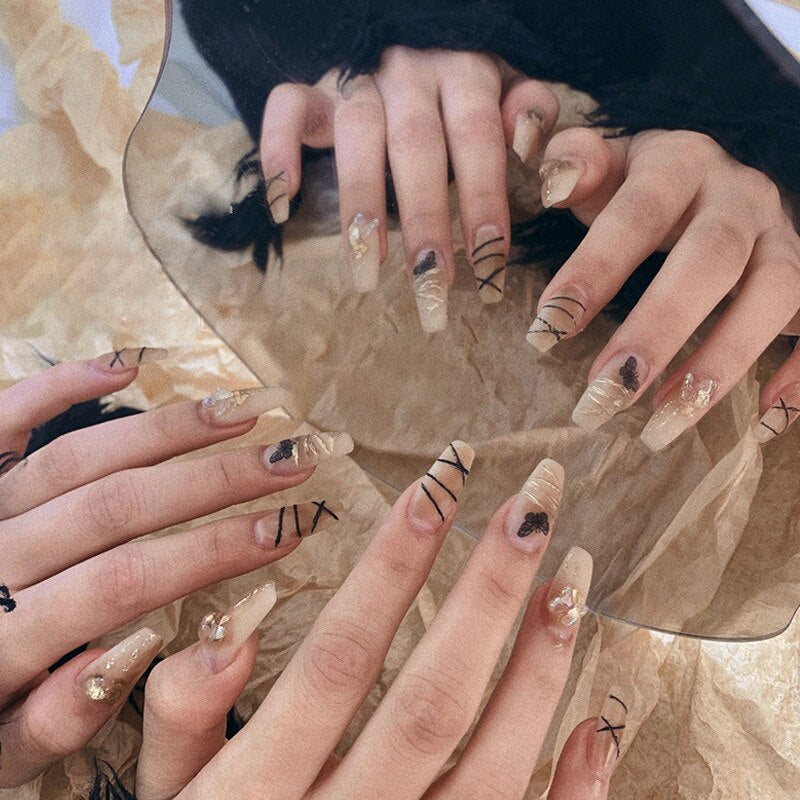 24Pcs Black French Coffin False Nails Ballet Fake Nail with Cross Design Removable Full Finished Acrylic Nail Tip Press on Nails 1534