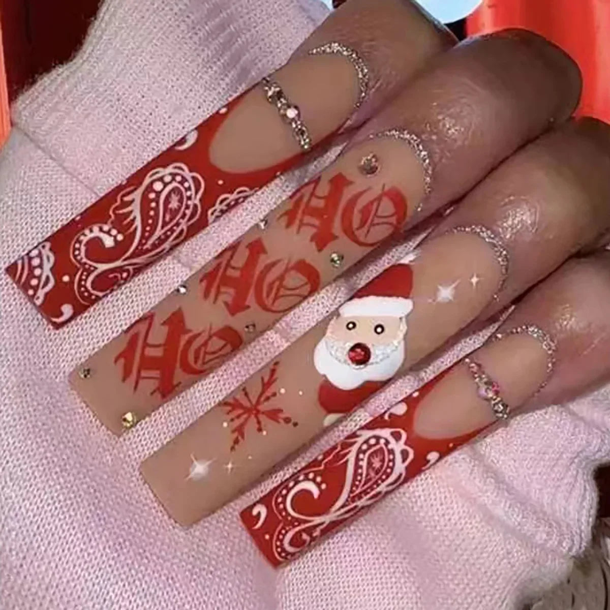 24Pcs Christmas Exclusive False Nails Wearable Long Xmas Style Fake Nails Elk Snowflake Design Full Cover Press on Nail tips 1
