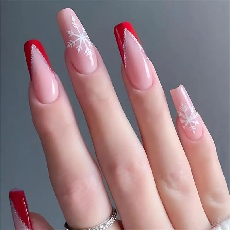 24Pcs Christmas Exclusive False Nails Wearable Xmas Style Fake Nails Checked Snowflake Design Full Cover Press on Manicure Tips*