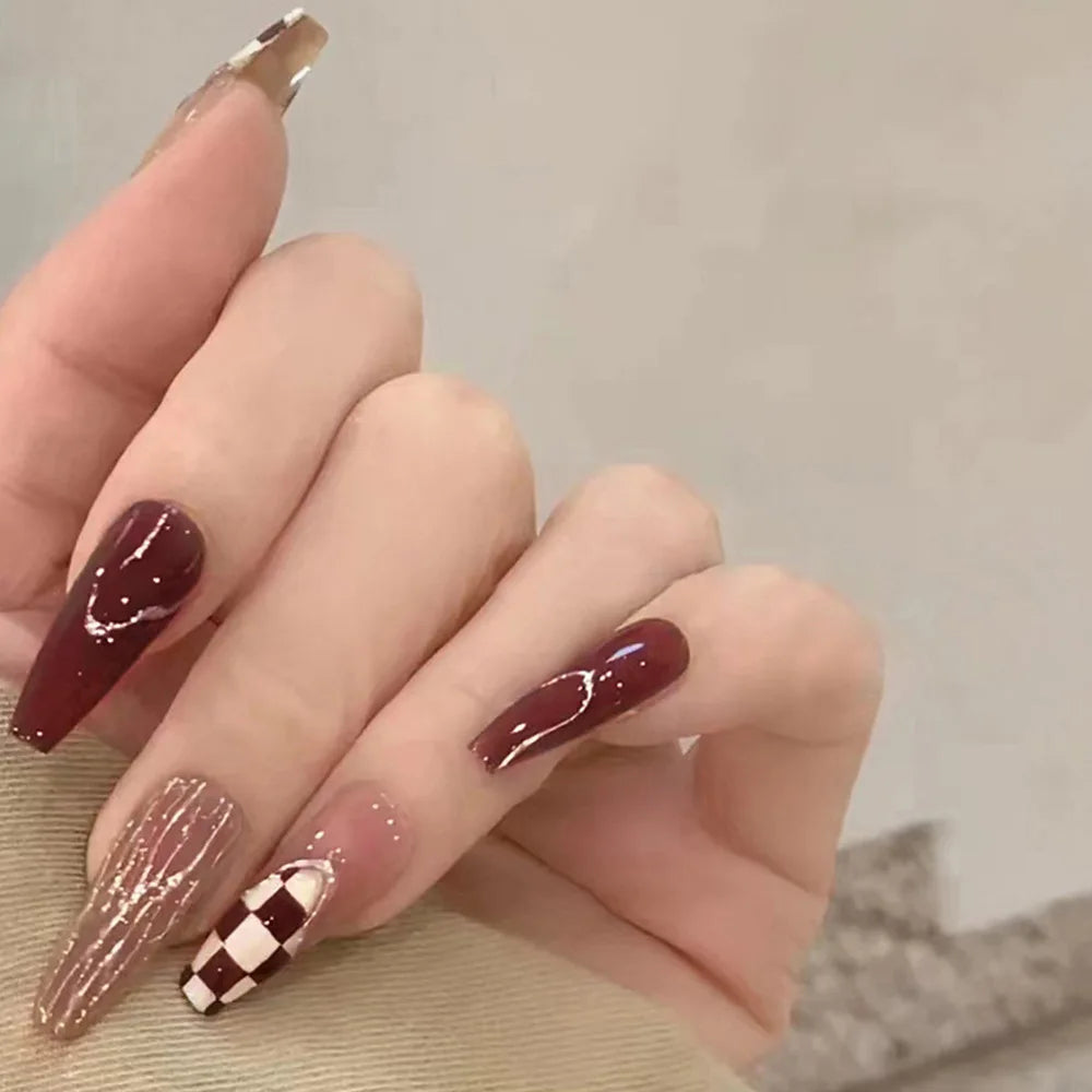 24Pcs Christmas Exclusive False Nails Wearable Xmas Style Fake Nails Checked Snowflake Design Full Cover Press on Manicure Tips* TD146-CP041