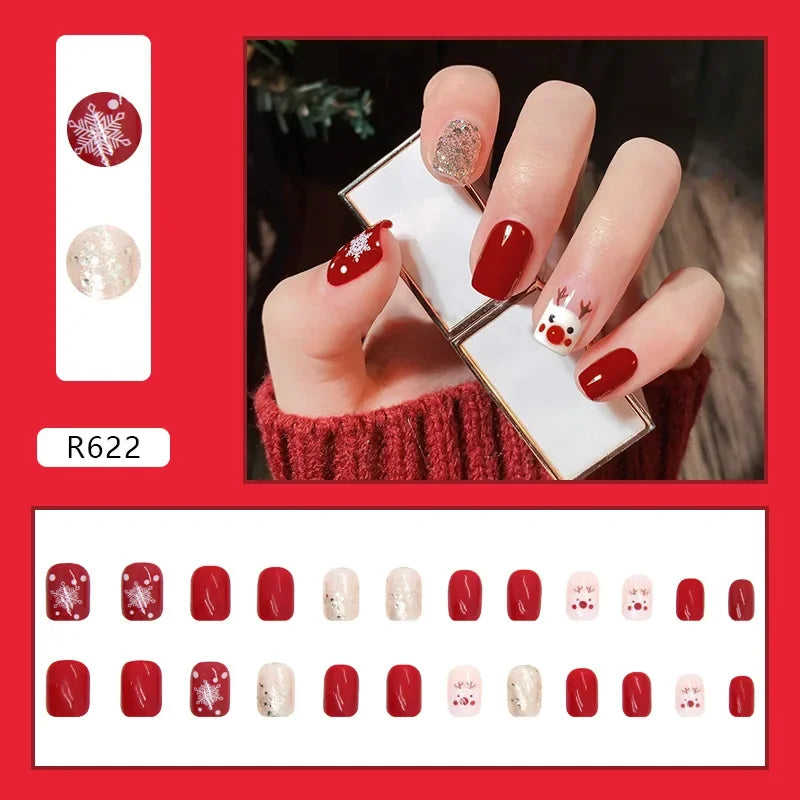 24Pcs Christmas New Purple Rabbit Cute Short False Nails Tips Snowman Elk Pattern Design Wearable Fake Nails Press On Nail Art R622