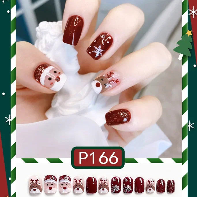 24Pcs Christmas New Purple Rabbit Cute Short False Nails Tips Snowman Elk Pattern Design Wearable Fake Nails Press On Nail Art HOT-P166
