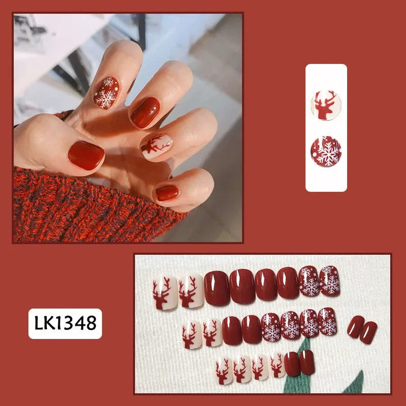 24Pcs Christmas New Purple Rabbit Cute Short False Nails Tips Snowman Elk Pattern Design Wearable Fake Nails Press On Nail Art 1348