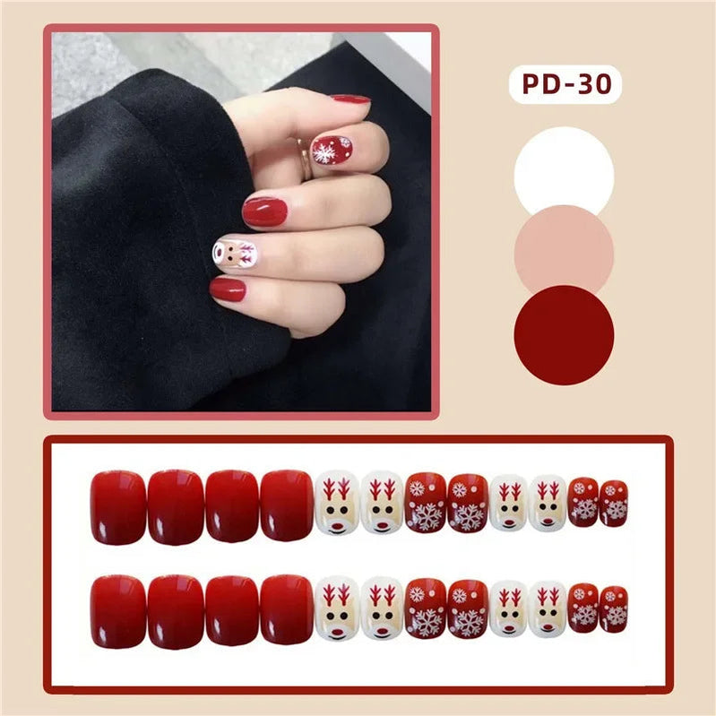 24Pcs Christmas New Purple Rabbit Cute Short False Nails Tips Snowman Elk Pattern Design Wearable Fake Nails Press On Nail Art PD30