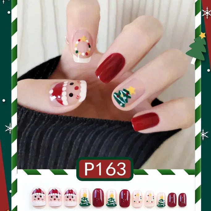 24Pcs Christmas New Purple Rabbit Cute Short False Nails Tips Snowman Elk Pattern Design Wearable Fake Nails Press On Nail Art HOT-P163