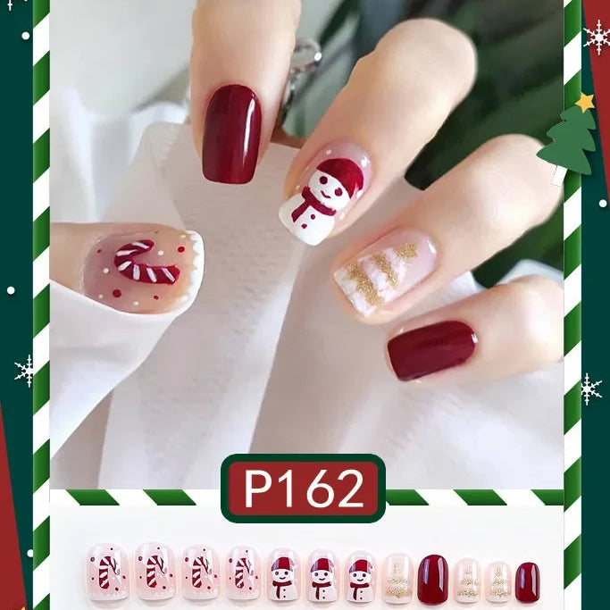 24Pcs Christmas New Purple Rabbit Cute Short False Nails Tips Snowman Elk Pattern Design Wearable Fake Nails Press On Nail Art P162