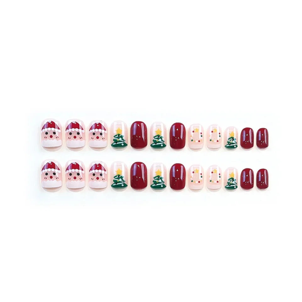 24Pcs Christmas New Purple Rabbit Cute Short False Nails Tips Snowman Elk Pattern Design Wearable Fake Nails Press On Nail Art
