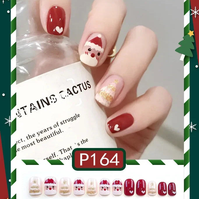 24Pcs Christmas New Purple Rabbit Cute Short False Nails Tips Snowman Elk Pattern Design Wearable Fake Nails Press On Nail Art HOT-P164