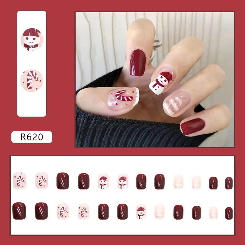 24Pcs Christmas New Purple Rabbit Cute Short False Nails Tips Snowman Elk Pattern Design Wearable Fake Nails Press On Nail Art R620