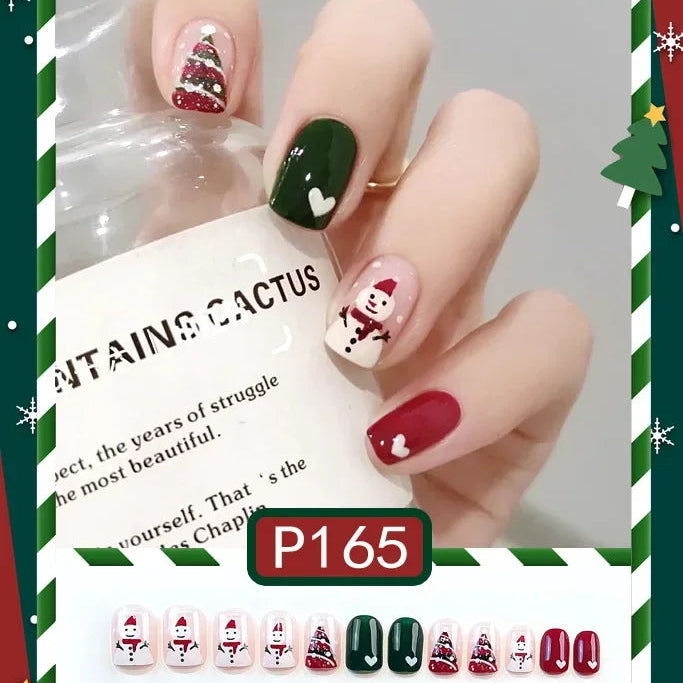 24Pcs Christmas New Purple Rabbit Cute Short False Nails Tips Snowman Elk Pattern Design Wearable Fake Nails Press On Nail Art P165