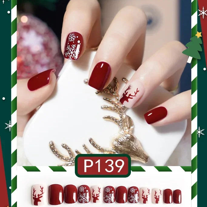 24Pcs Christmas New Purple Rabbit Cute Short False Nails Tips Snowman Elk Pattern Design Wearable Fake Nails Press On Nail Art P139