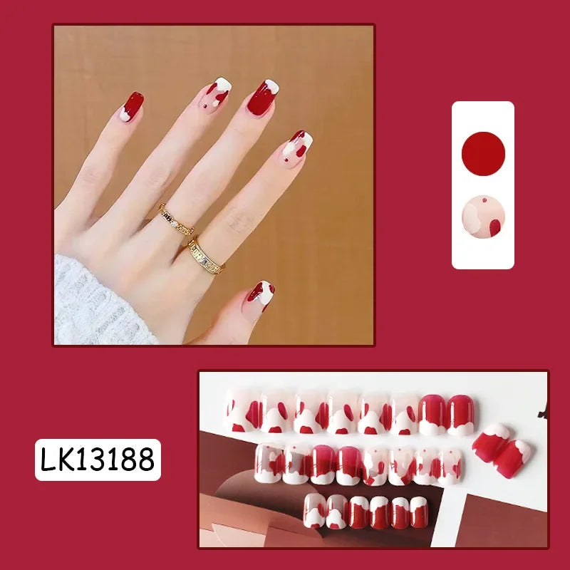 24Pcs Christmas New Purple Rabbit Cute Short False Nails Tips Snowman Elk Pattern Design Wearable Fake Nails Press On Nail Art 13188