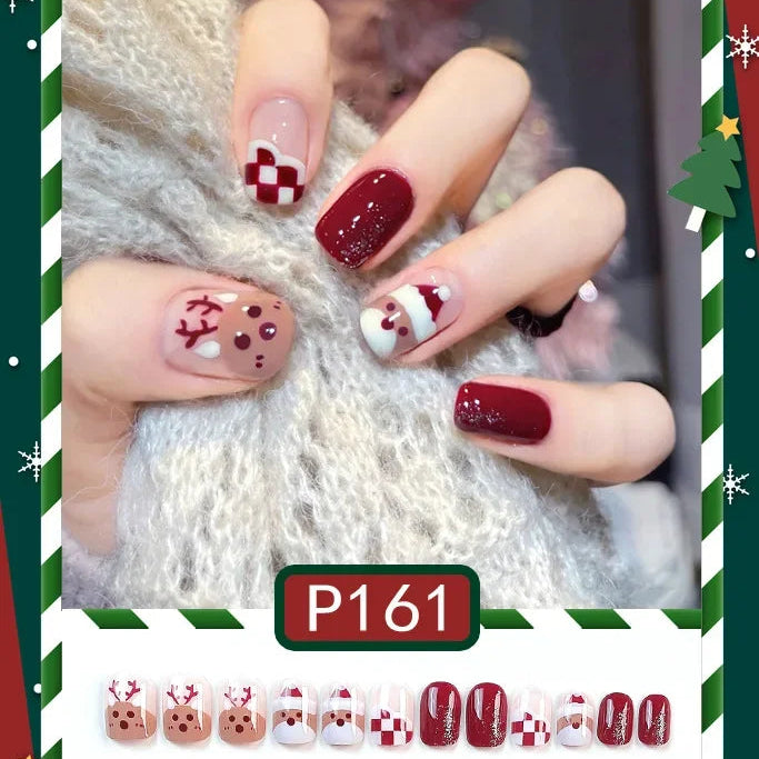 24Pcs Christmas New Purple Rabbit Cute Short False Nails Tips Snowman Elk Pattern Design Wearable Fake Nails Press On Nail Art HOT-P161