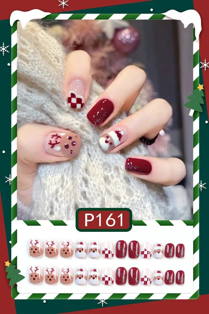 24Pcs Christmas New Purple Rabbit Cute Short False Nails Tips Snowman Elk Pattern Design Wearable Fake Nails Press On Nail Art HOT-P161