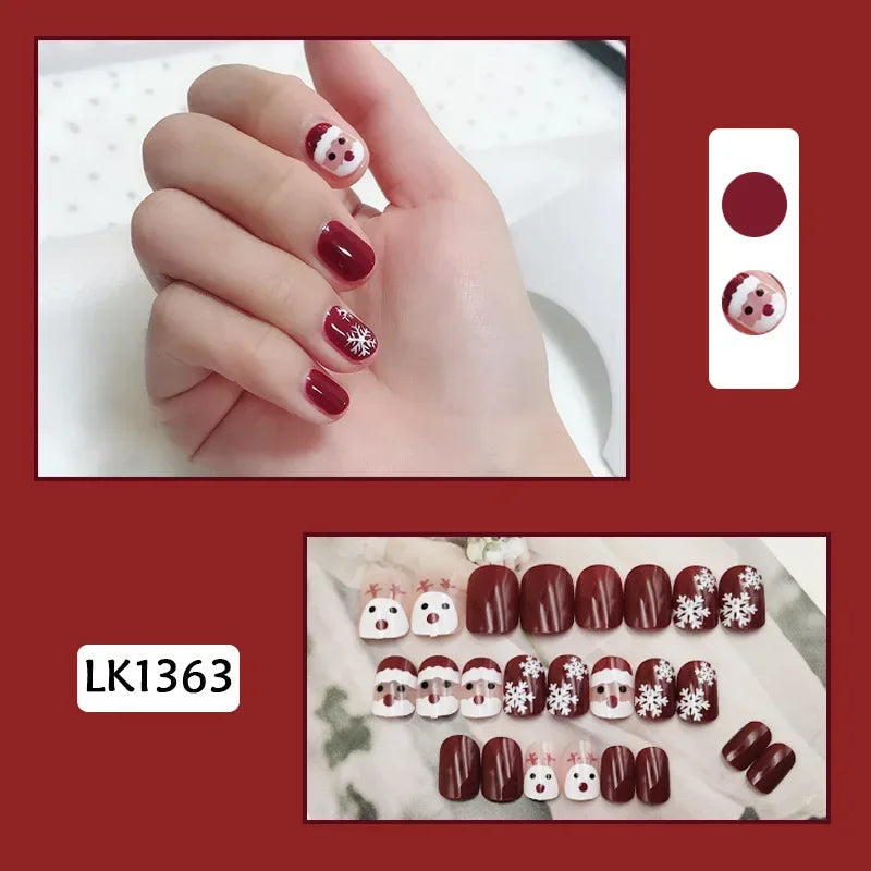 24Pcs Christmas New Purple Rabbit Cute Short False Nails Tips Snowman Elk Pattern Design Wearable Fake Nails Press On Nail Art 1363