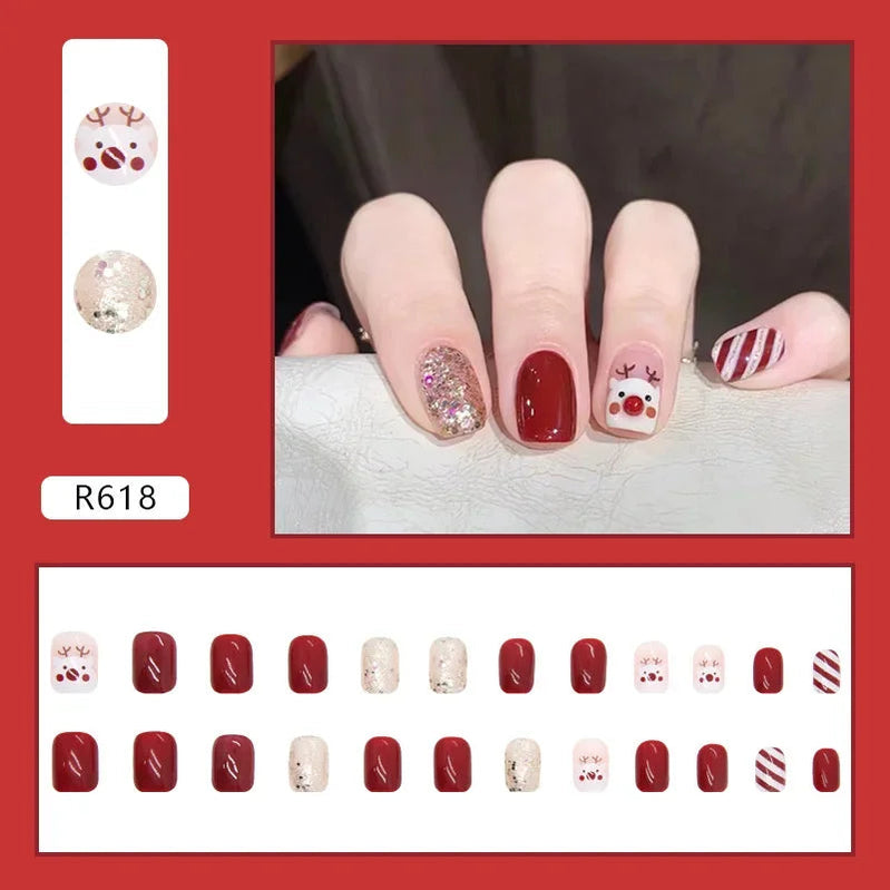 24Pcs Christmas New Purple Rabbit Cute Short False Nails Tips Snowman Elk Pattern Design Wearable Fake Nails Press On Nail Art R618