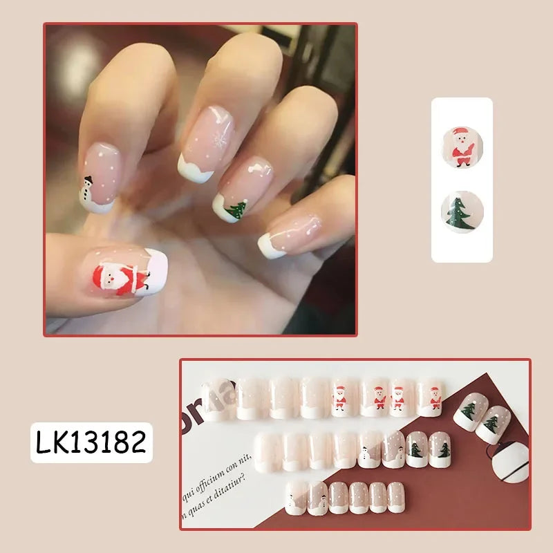 24Pcs Christmas New Purple Rabbit Cute Short False Nails Tips Snowman Elk Pattern Design Wearable Fake Nails Press On Nail Art 13182