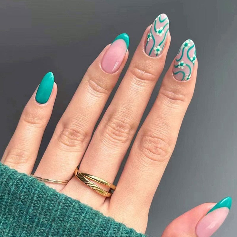 24Pcs Detachable Almond French Full Cover False Nails Silver Butterfly Lines Stiletto Fake Nials Press On Nails DIY Manicure 1