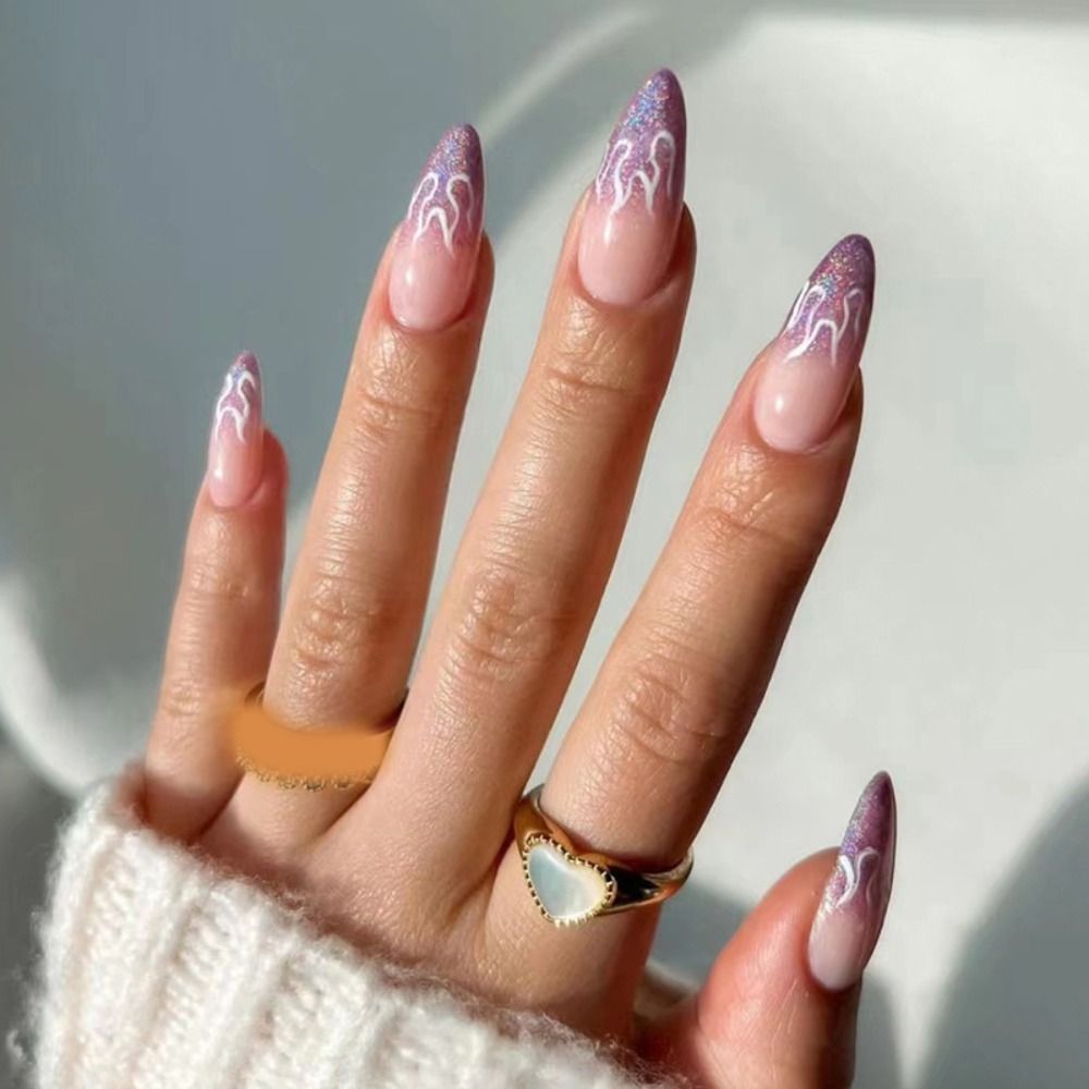 24Pcs Detachable Almond French Full Cover False Nails Silver Butterfly Lines Stiletto Fake Nials Press On Nails DIY Manicure 12