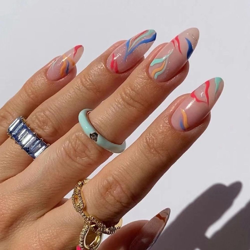 24Pcs Detachable Almond French Full Cover False Nails Silver Butterfly Lines Stiletto Fake Nials Press On Nails DIY Manicure JP2087